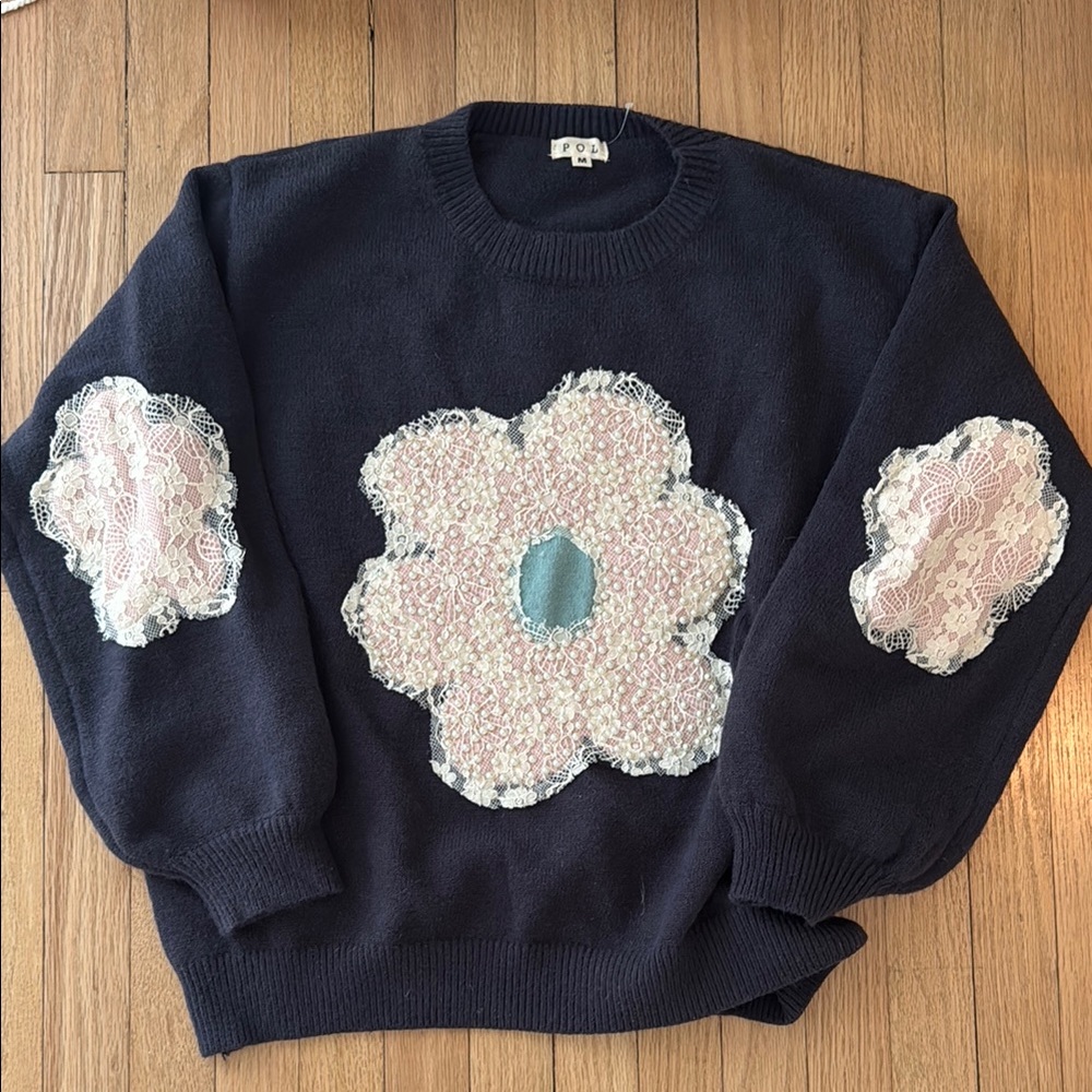 Floral Appliqué Navy Sweater